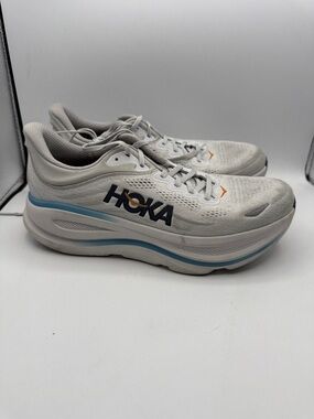 Hoka Bondi 9 men’s 11.5D White Running Shoes with Light Blue and Navy S5